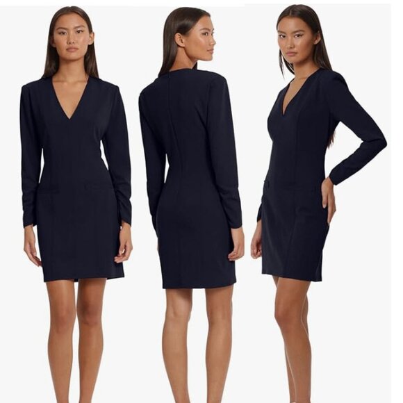 Nicole Miller Blue Long Sleeve Sheath Dress V-Neck Size Large - Picture 1 of 16